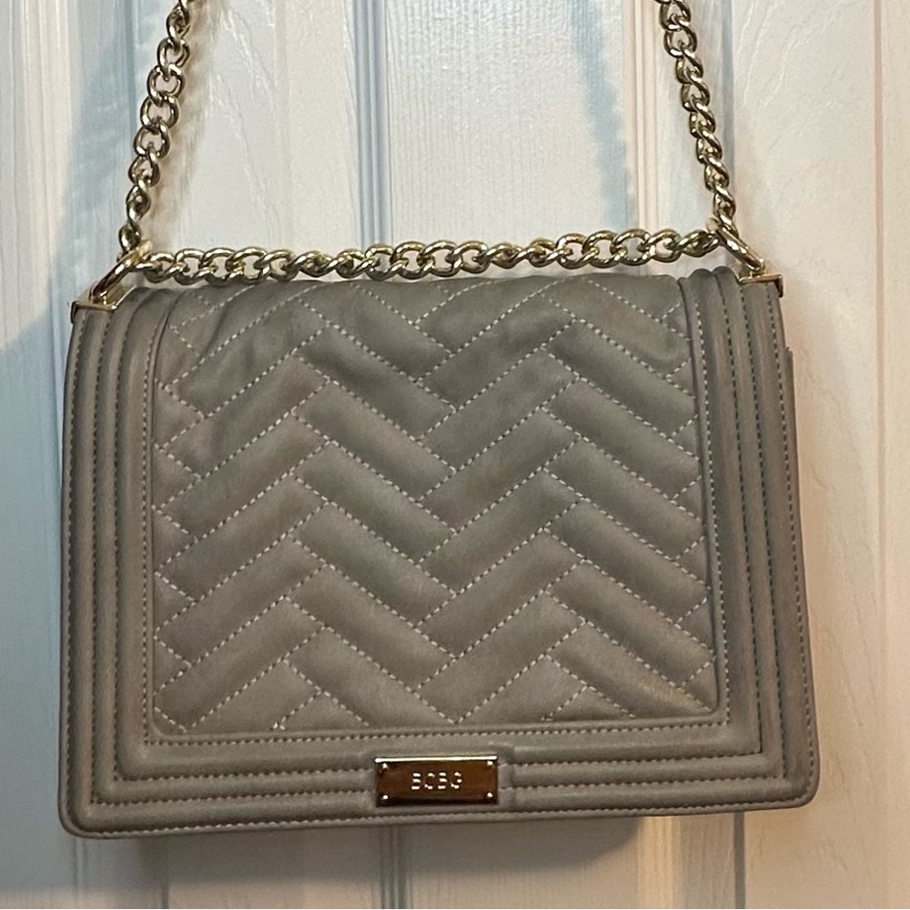 BCBG Paris Quilted Purse T Grey Flap Shoulder Bag with Goldtone Hardware.
